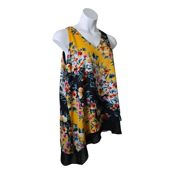 NWT Zac & Rachel Yellow Black Floral Sleeveless Asymm Double-Layer Tunic Top XL - Picture 2 of 10